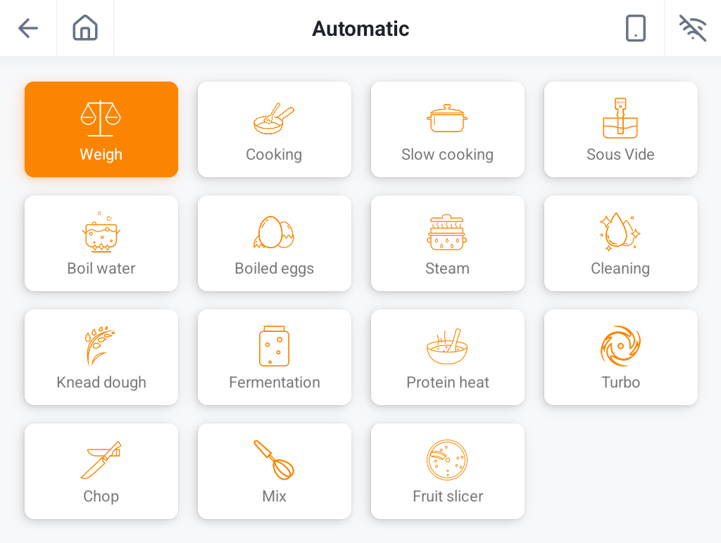 Cooking modes view on the Kanench appliance interface