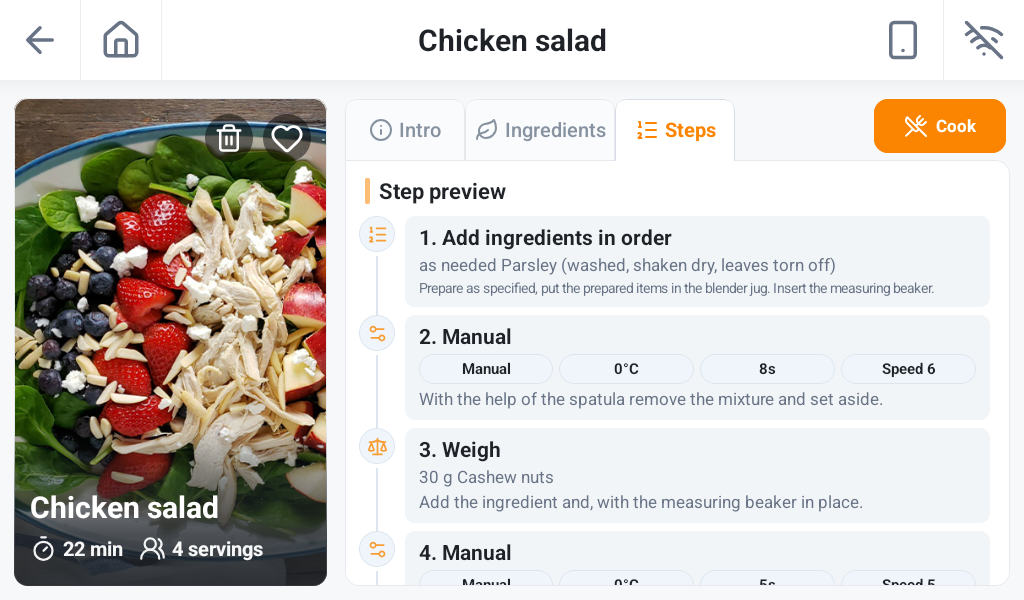 Recipe steps view on the Kanench appliance interface