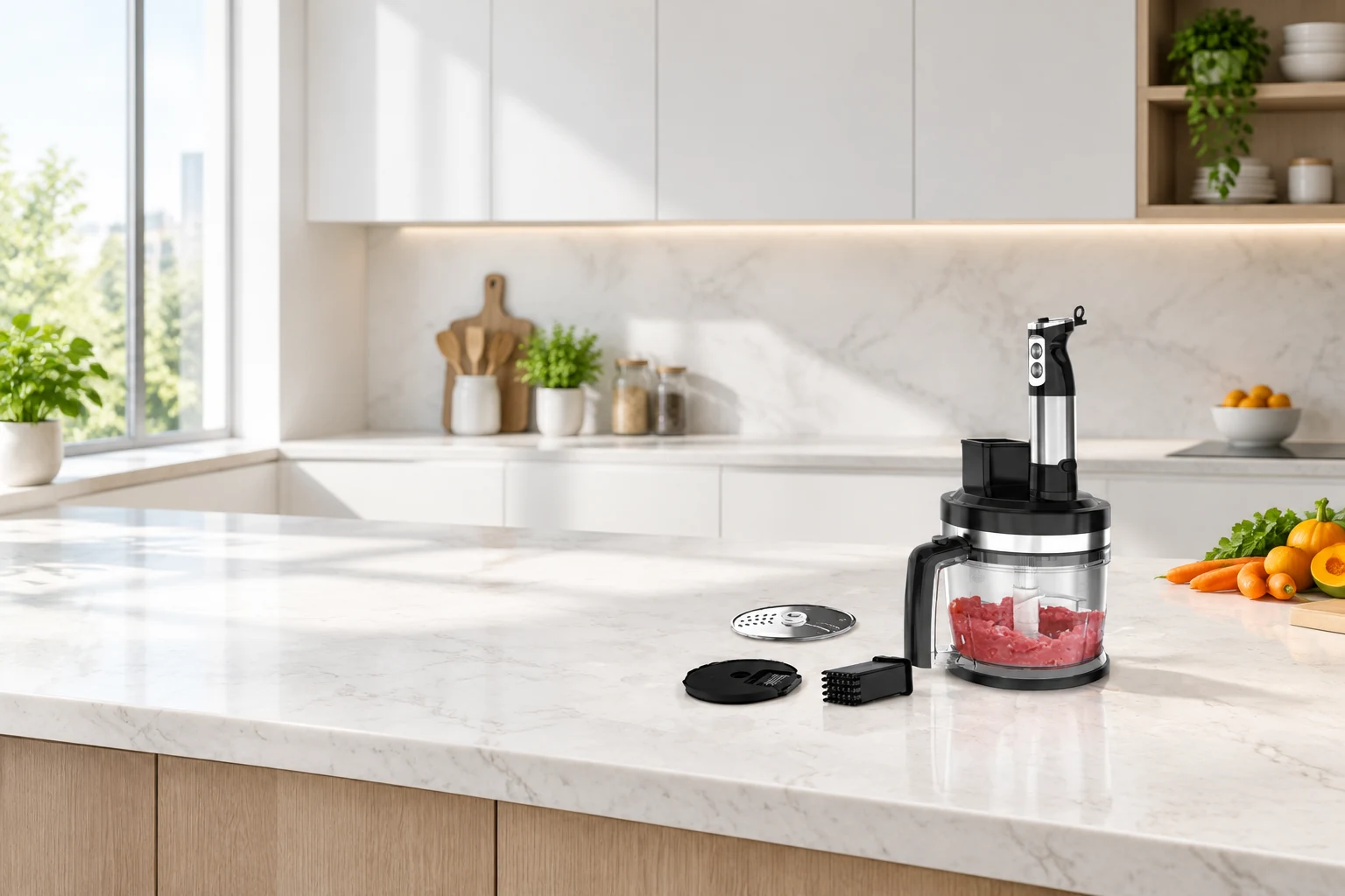 Food cutting set and accessories on a pale kitchen worktop