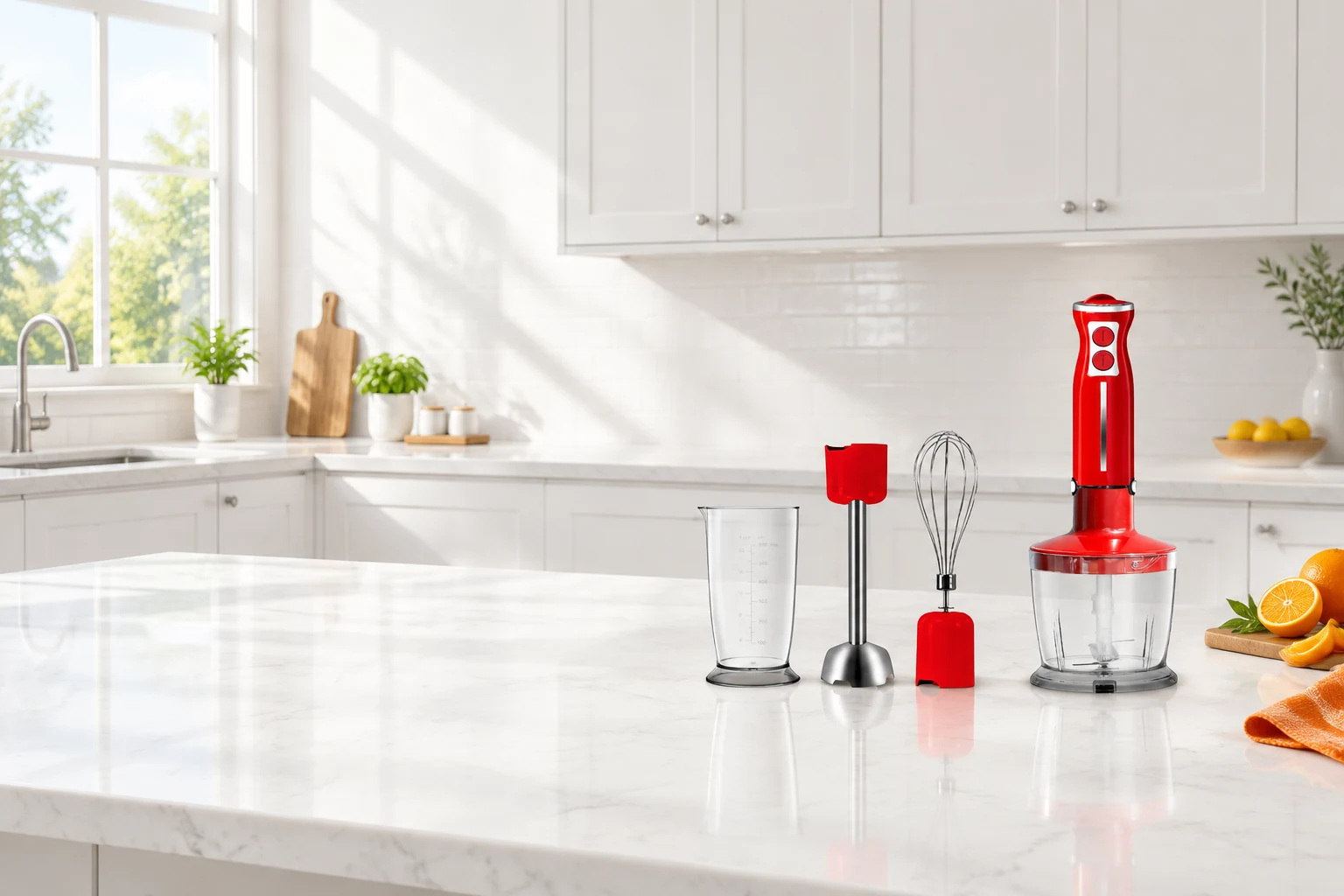 Red hand blender and accessories in a sunlit kitchen