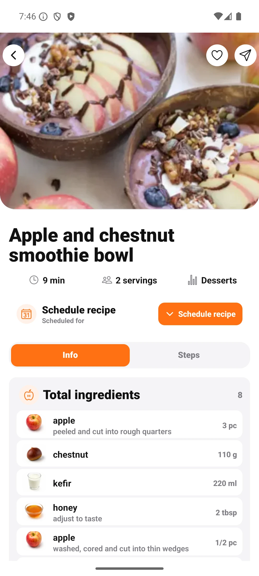 Ingredients view in the KC Chef mobile app